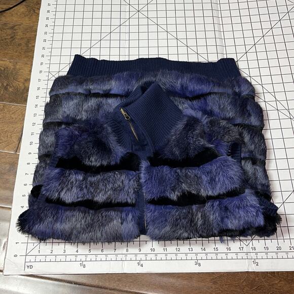 Tasha Tarno Blue Black Striped Real Rabbit Fur Full Zip Vest Ribbed Collar Large - Picture 7 of 8